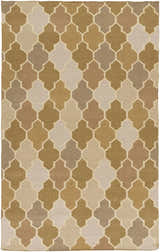 Close-up of the Quebeck Area Carpet. Hand woven wool rug with a cream, brown, sage, and gray quatrefoil pattern. Design-Rectangle-58