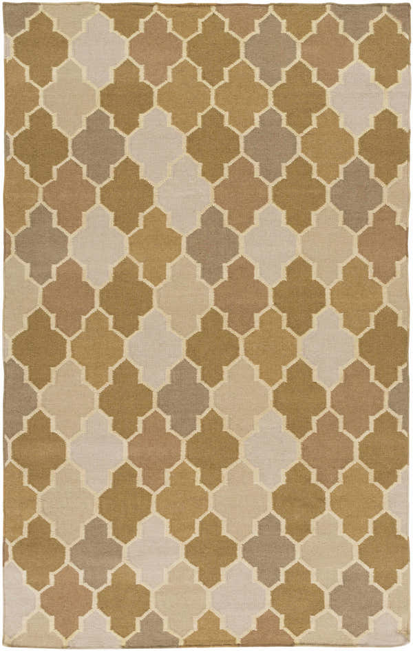 Close-up of the Quebeck Area Carpet. Hand woven wool rug with a cream, brown, sage, and gray quatrefoil pattern. Design-Rectangle-58