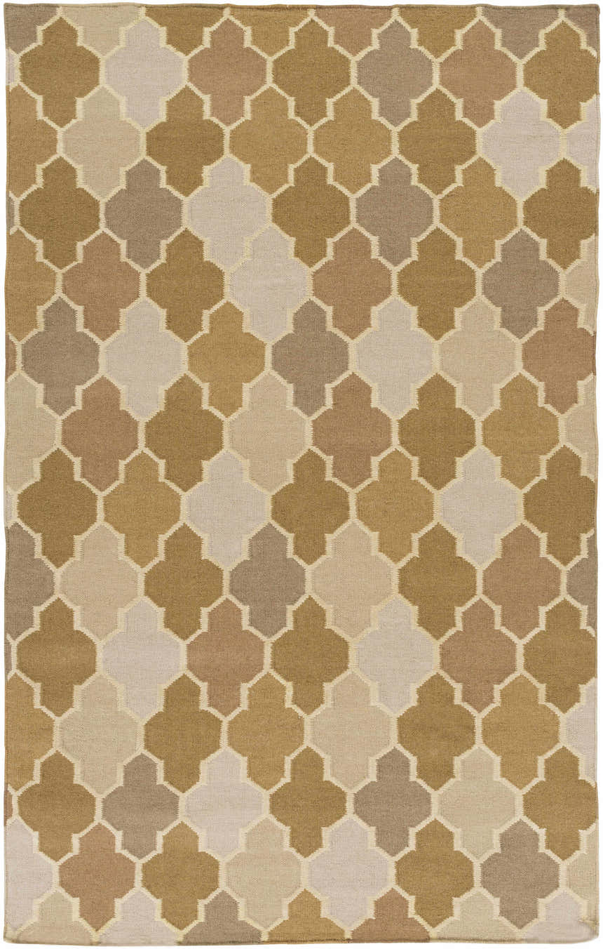 Close-up of the Quebeck Area Carpet. Hand woven wool rug with a cream, brown, sage, and gray quatrefoil pattern. Design-Rectangle-58