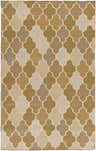 Close-up of the Quebeck Area Carpet. Hand woven wool rug with a cream, brown, sage, and gray quatrefoil pattern. Design-Rectangle-58