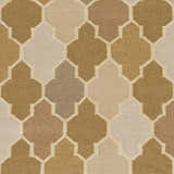 Close-up of the Quebeck Area Carpet. Hand woven wool rug with a quatrefoil pattern in cream, tan, brown, and gray. Swatch