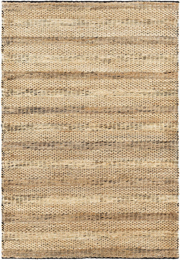Close-up of the hand woven Quebradillas Area Rug. Jute rug with black and light olive stripes. Design-Rectangle-576
