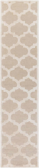 Close-up of the Quicksand Area Rug runner featuring a neutral quatrefoil pattern and a hand-tufted wool texture. Design-Runner-310