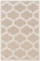 Hand tufted Quicksand Area Rug with a neutral quatrefoil pattern in beige and ivory. Wool rug. Design-Rectangle-576