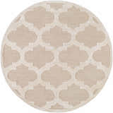 Close-up of a round Quicksand Area Rug. Hand-tufted wool rug with a beige quatrefoil pattern. Contemporary style. Design-Round-6