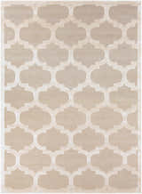 Close-up of the Quicksand Area Rug. Neutral beige wool rug with a hand-tufted quatrefoil pattern. Transitional style. Design-Rectangle-811