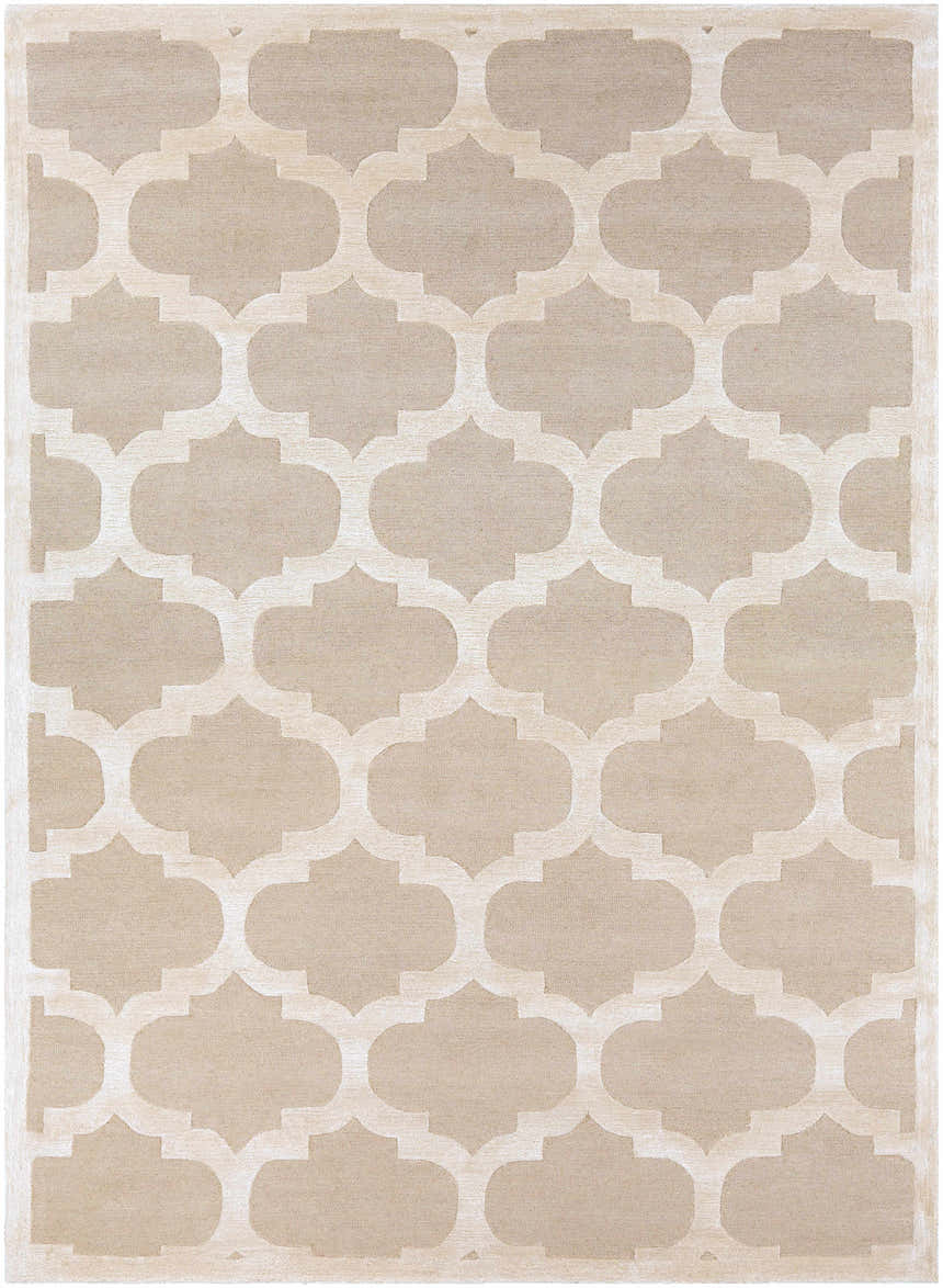 Close-up of the Quicksand Area Rug. Neutral beige wool rug with a hand-tufted quatrefoil pattern. Transitional style. Design-Rectangle-811