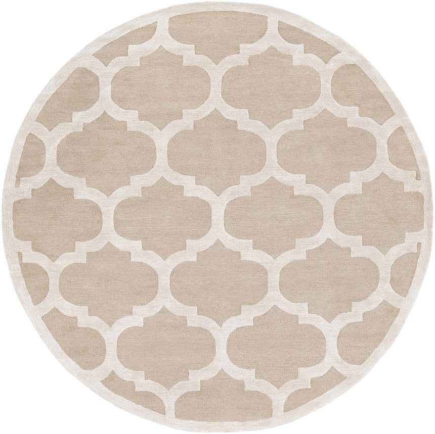 Round Quicksand Area Rug. Hand-tufted wool rug in tan and ivory with a quatrefoil pattern. Contemporary, farmhouse style. Design-Round-8