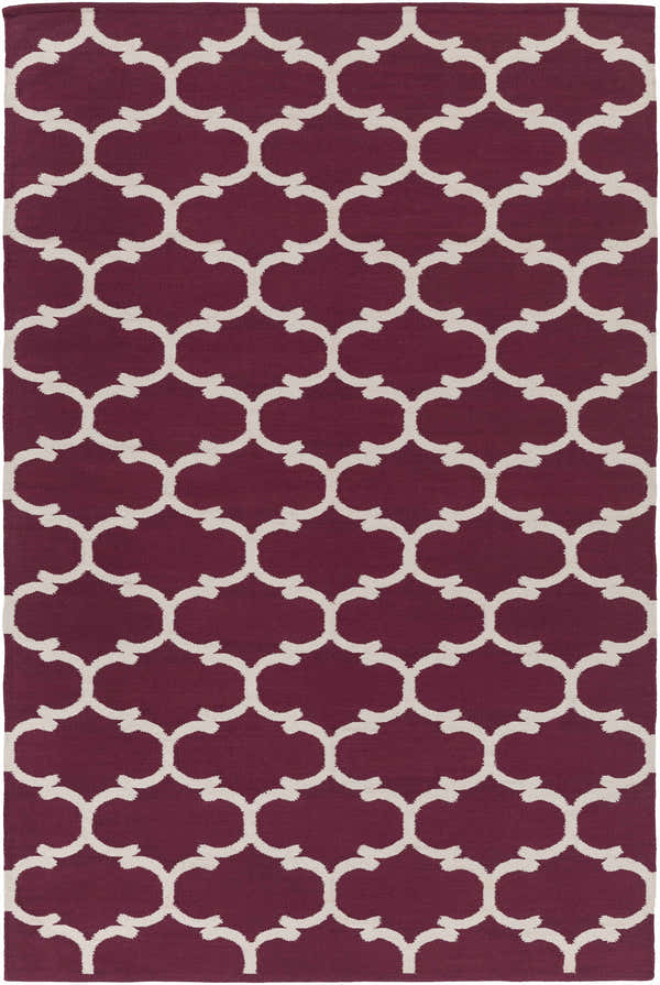 Racine Area Carpet, dark purple and ivory. Hand woven cotton rug with a contemporary quatrefoil pattern. Design-Rectangle-576