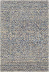 Close-up of the hand tufted Radisson Area Rug; a farmhouse style rug in blue, navy, and taupe wool. Design-Rectangle-576