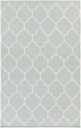Close-up of Ragan Ice Blue Trellis Cotton Rug. Hand-woven rug with a cream trellis pattern on an ice blue background. Design-Rectangle-58