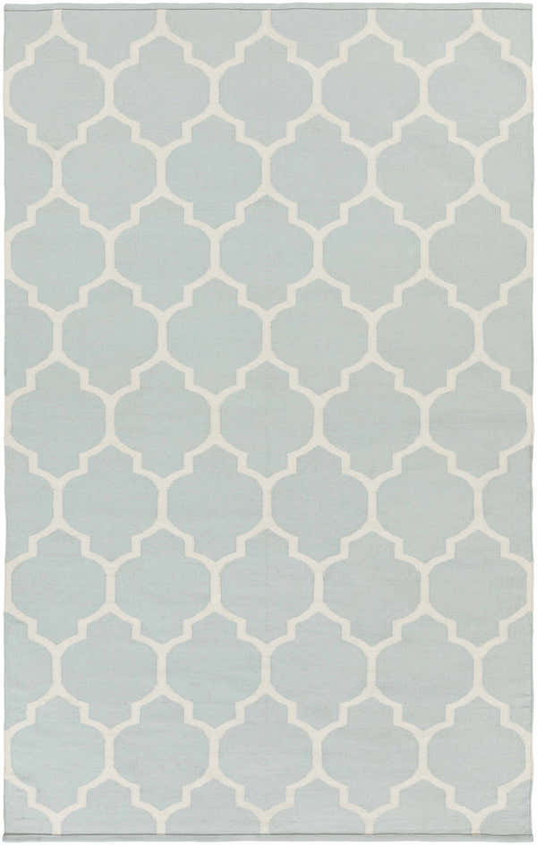 Close-up of Ragan Ice Blue Trellis Cotton Rug. Hand-woven rug with a cream trellis pattern on an ice blue background. Design-Rectangle-58