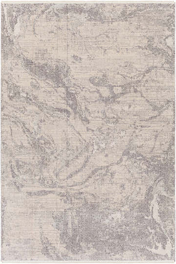 Close-up of the Rahm Ivory Marble Area Rug showcasing its black, charcoal, and ivory marbled design and soft polyester texture. Design-Rectangle-537