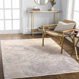 Entryway with Rahm Ivory Marble Area Rug, gold console table, and woven chair. Light and airy. Roomscene-Rectangle