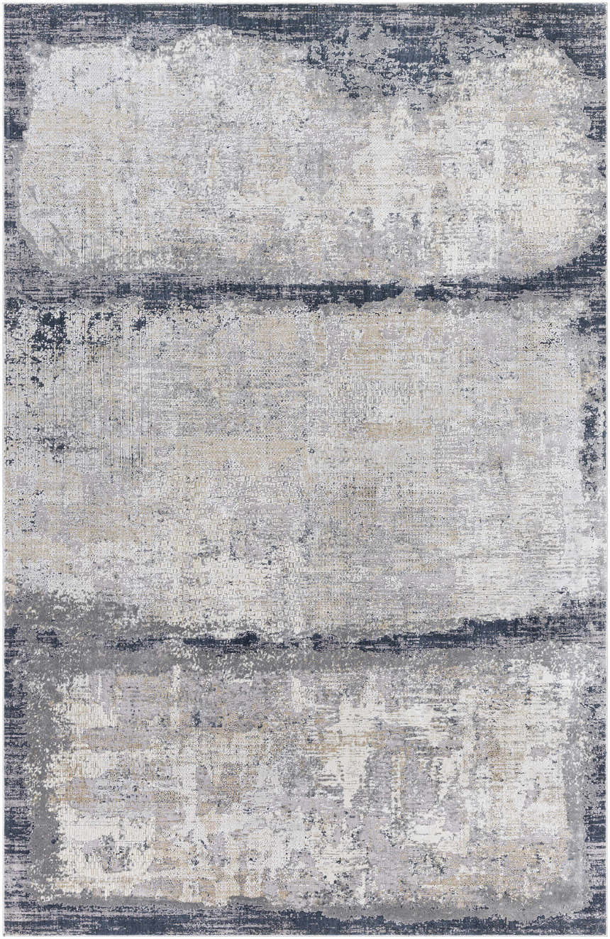 Close-up of the Rainworth Modern Slate Luxe Rug, featuring charcoal, blue, beige, and gray abstract patterns. Design-Rectangle-6796