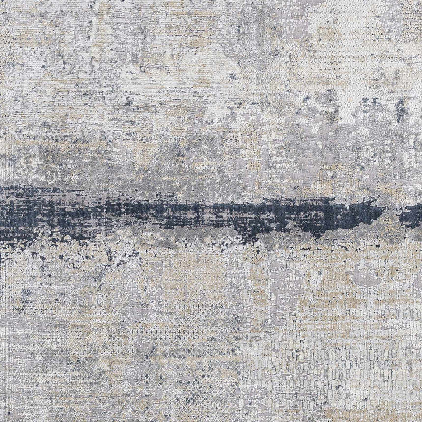 Close-up of the Rainworth Modern Slate Luxe Rug, showcasing its charcoal, gray, beige, and blue contemporary design. Swatch