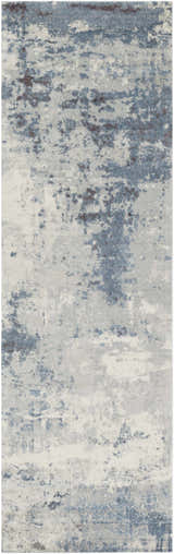 Close-up of the Ramsbottom Area Rug. Contemporary style with black, blue, charcoal, and cream abstract pattern. Design-Runner-268