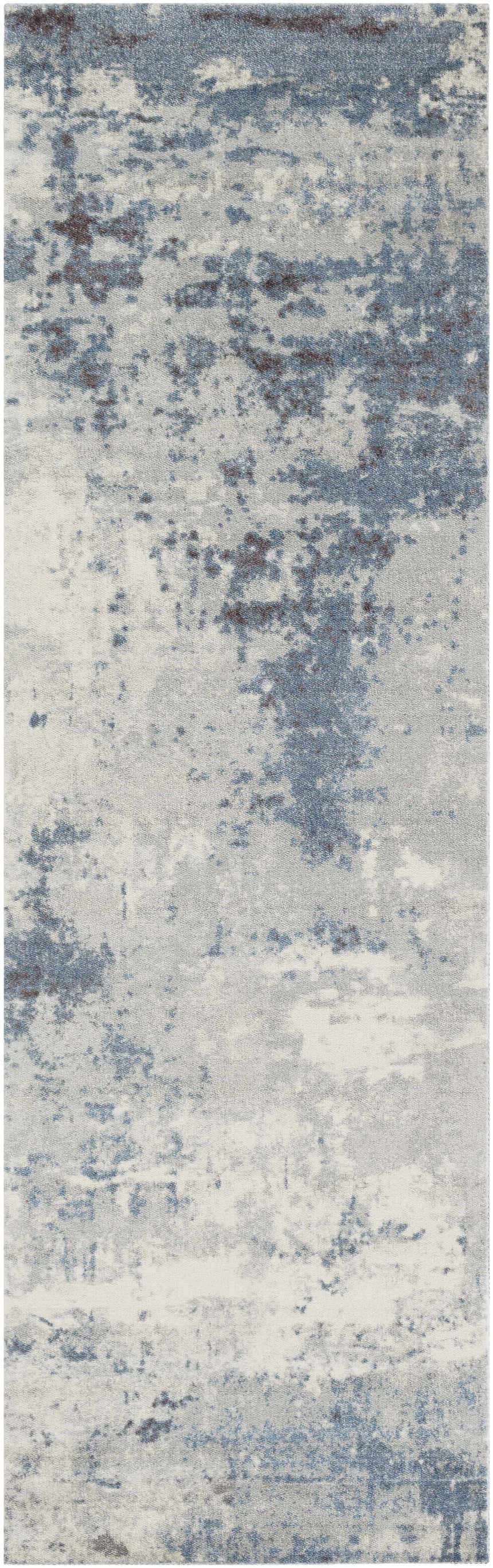 Close-up of the Ramsbottom Area Rug. Contemporary style with black, blue, charcoal, and cream abstract pattern. Design-Runner-268