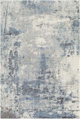 Close-up of the Ramsbottom Area Rug. Contemporary style with black, blue, charcoal, and cream abstract pattern. Design-Rectangle-576