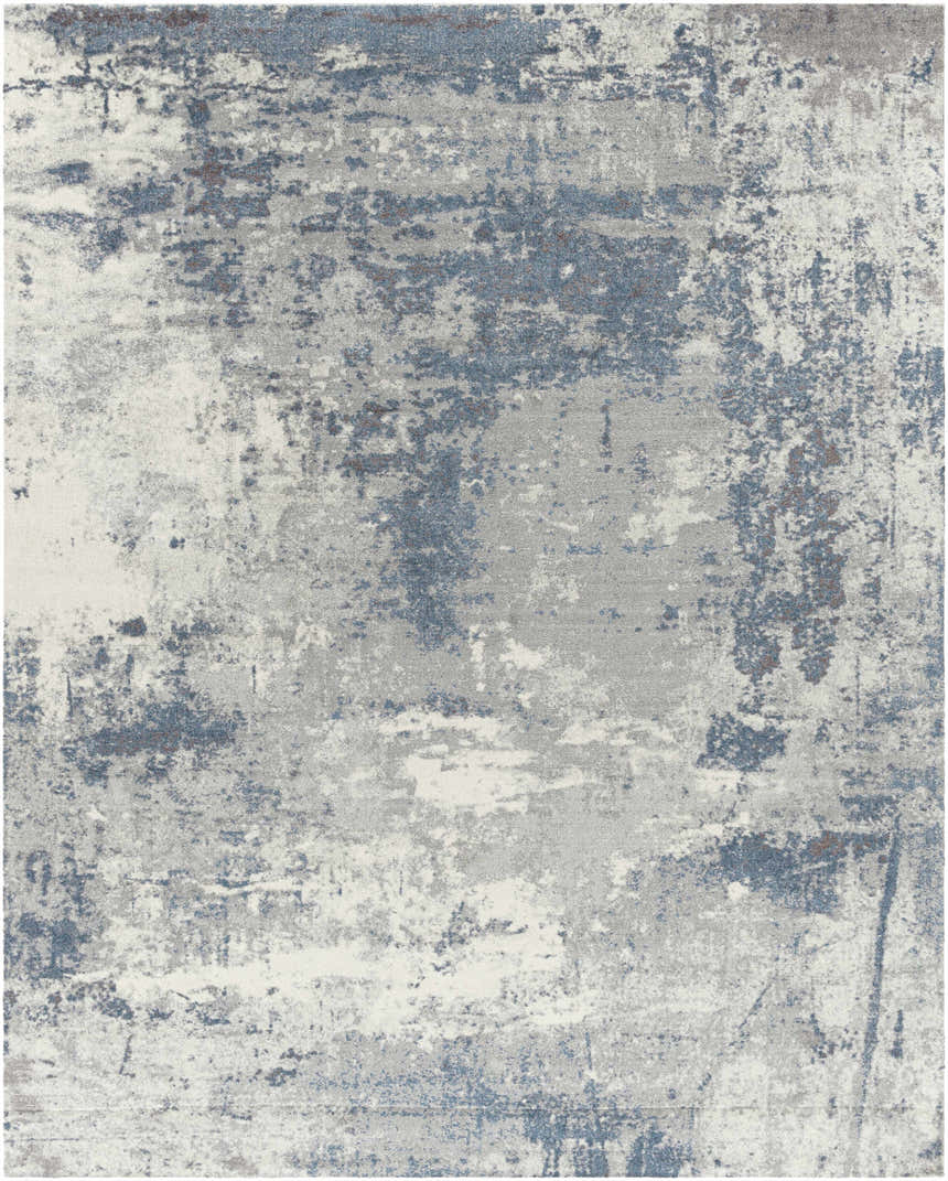 Close-up of the Ramsbottom Area Rug. Contemporary design in black, blue, charcoal, and cream. Abstract pattern. Design-Rectangle-810