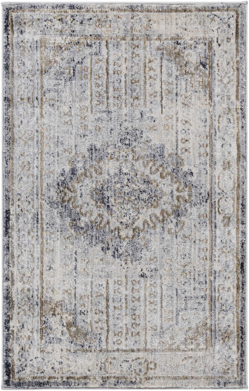 Close-up of the Randalia Area Rug. Traditional design with black, brown, gray, and ivory tones. Vintage style. Design-Rectangle-23