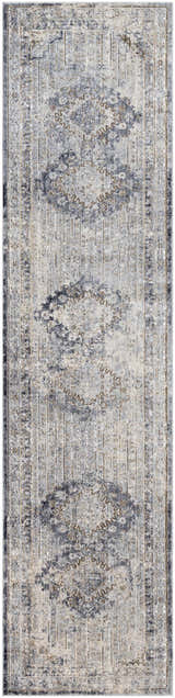 Close-up of the Randalia Area Rug, a vintage runner with a traditional gray, ivory, and brown bohemian pattern. Design-Runner-2710