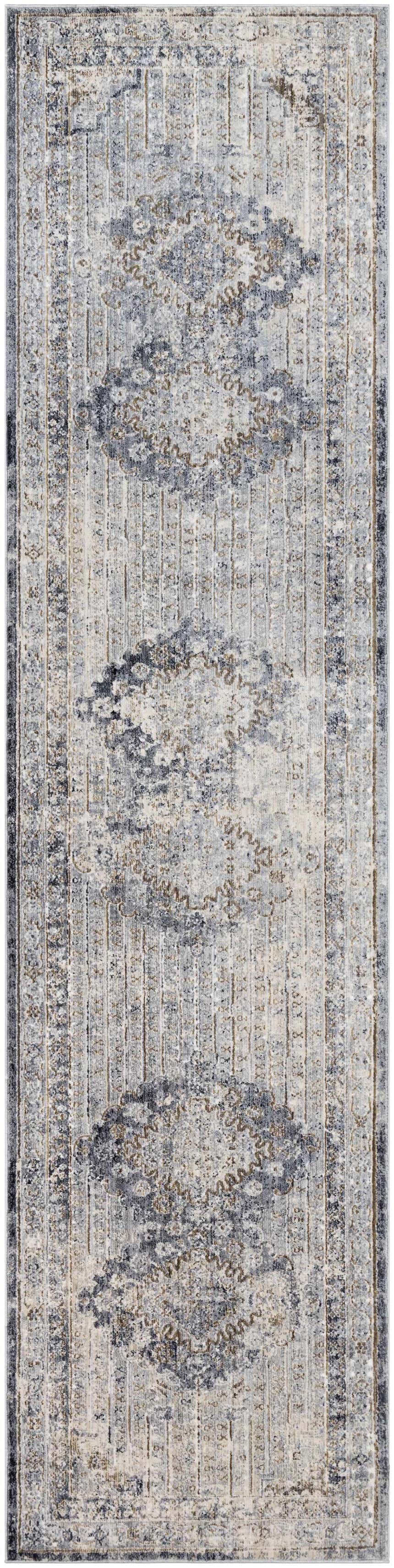 Close-up of the Randalia Area Rug, a vintage runner with a traditional gray, ivory, and brown bohemian pattern. Design-Runner-2710