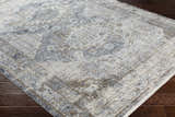 Close-up of the Randalia Area Rug showcasing its ivory, gray, and brown traditional pattern and soft texture. Corner