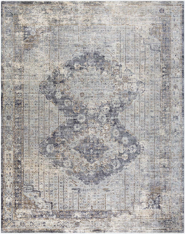Distressed Randalia Area Rug with a vintage, oriental design in gray, brown, and ivory tones. Design-Rectangle-710103