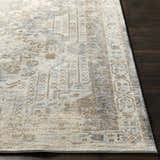 Close-up of Randalia Area Rug showing its traditional design, ivory, gray, and brown colors, and soft texture. Front