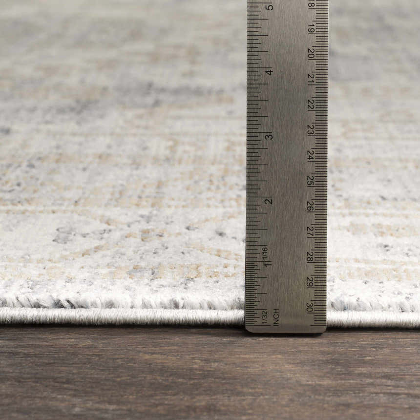 Close-up of Randalia rug showing pile height with ruler. Colors: ivory, gray, and tan. Bohemian style. Pile