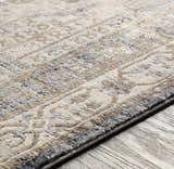 Close-up of the Randalia Area Rug, showcasing its traditional, vintage design with ivory, gray, and brown tones. Texture