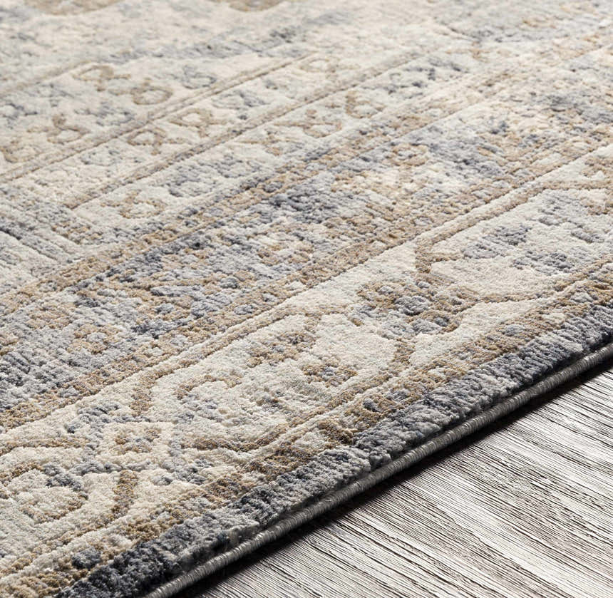 Close-up of the Randalia Area Rug, showcasing its traditional, vintage design with ivory, gray, and brown tones. Texture