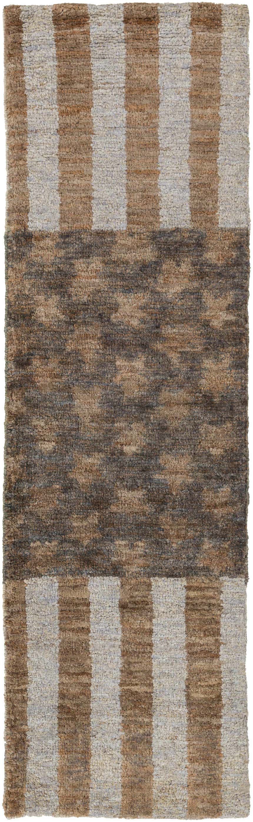 Close-up of the hand-knotted Randleman Jute Rug. Features brown, dark green, and gray stripes and geometric patterns. Design-Runner-268
