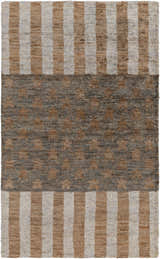 Close-up of Randleman Jute Rug. Hand-knotted rug with brown, gray stripes and a dark green, slate starburst pattern. Design-Rectangle-58