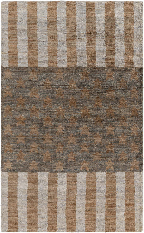 Close-up of Randleman Jute Rug. Hand-knotted rug with brown, gray stripes and a dark green, slate starburst pattern. Design-Rectangle-58