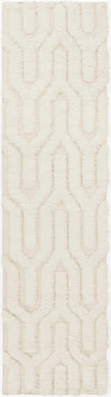 Close up of the cream Ransom Area Rug, a hand woven wool shag rug with a geometric pattern. Design-Runner-268