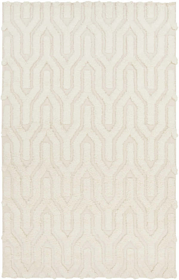 Close-up of the Ransom Area Rug - Clearance. Cream wool rug with a geometric shag design and hand woven texture. Design-Rectangle-58