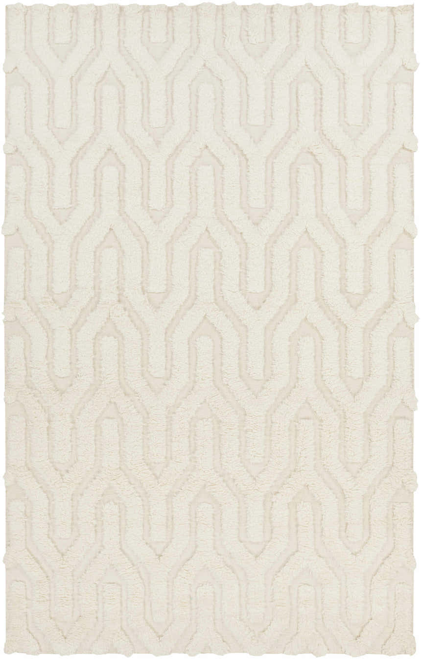 Close-up of the Ransom Area Rug - Clearance. Cream wool rug with a geometric shag design and hand woven texture. Design-Rectangle-58