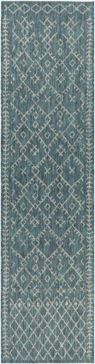 Close-up of the Maunawili Aqua Nordic Rug. Aqua rug with a geometric diamond pattern in white and taupe. Design-Runner-2710