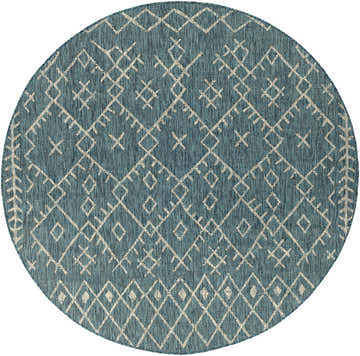 Round Maunawili Aqua Nordic Rug with a geometric diamond and tribal pattern in aqua, white, and taupe. Design-Round-710
