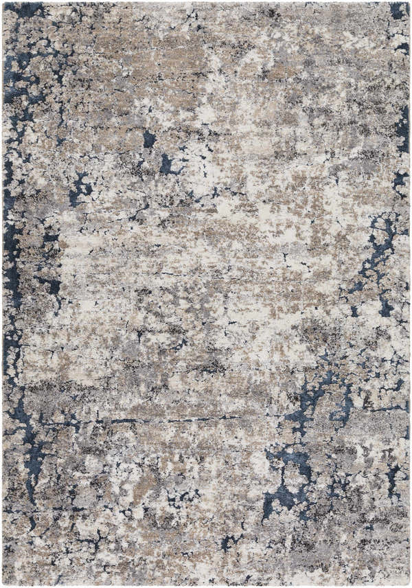 Close-up of the Ratho Rock Pattern Thick Rug. Abstract design in black, charcoal, blue, gray, ivory, and tan. Design-Rectangle-5373
