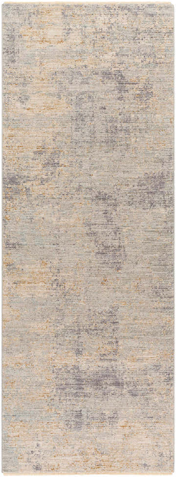 Close-up of the Razi Avant Garde rug. Abstract design in brown, charcoal, dusty sage, and gray hues. Luxe polyester texture. Design-Runner-2773
