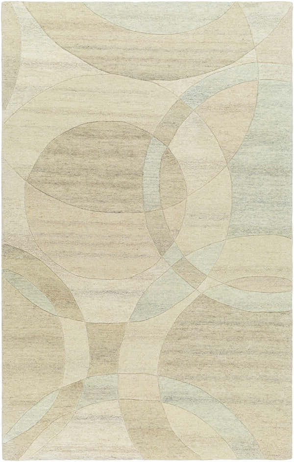 Close-up of the Rollo Area Rug, a hand-tufted wool rug with a contemporary circle pattern in ash, pearl, and tan hues. Design-Rectangle-58