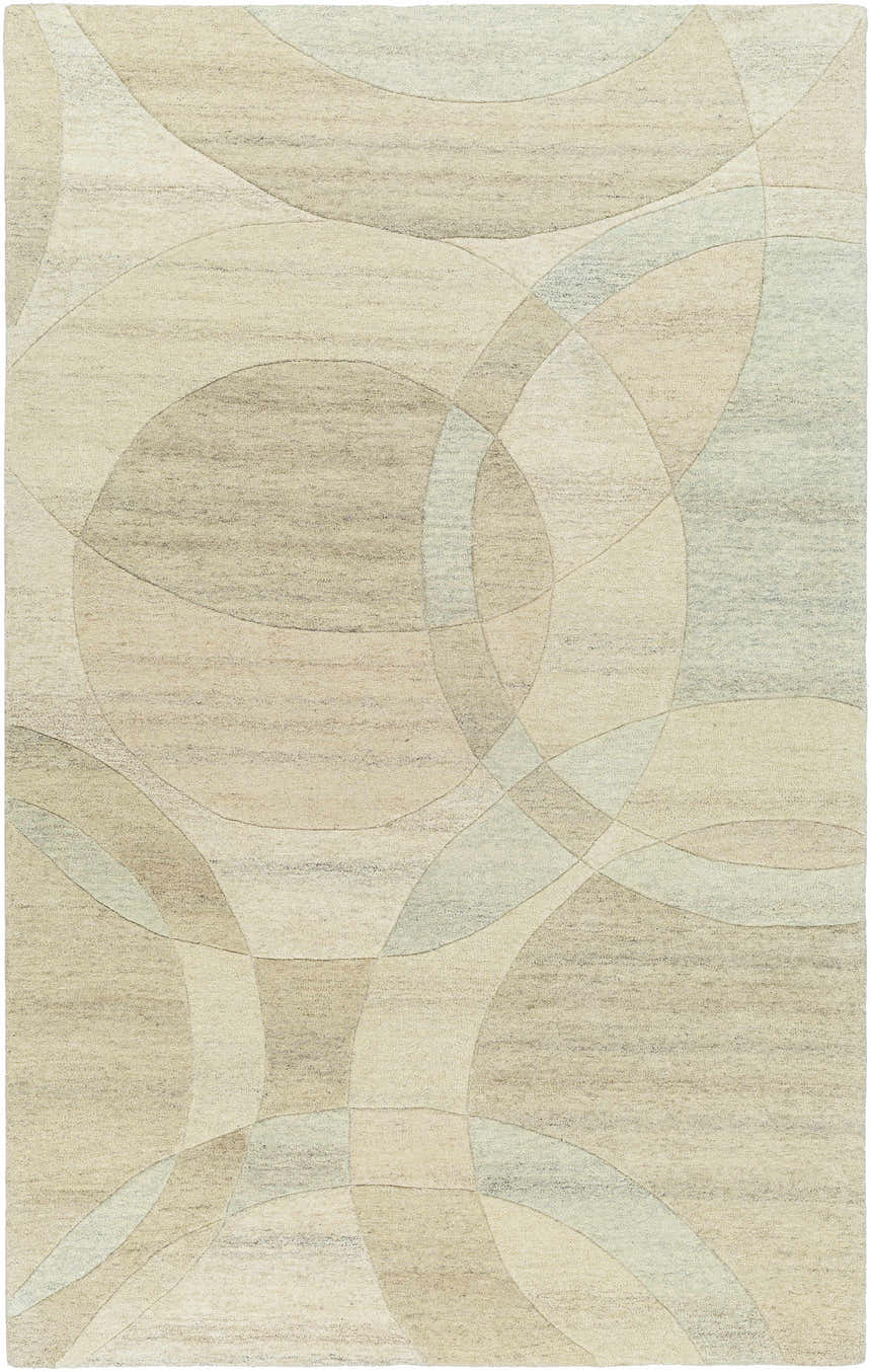 Close-up of the Rollo Area Rug, a hand-tufted wool rug with a contemporary circle pattern in ash, pearl, and tan hues. Design-Rectangle-58