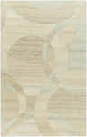 Close-up of the Rollo Area Rug, a hand-tufted wool rug with a contemporary circle pattern in ash, pearl, and tan hues. Design-Rectangle-58