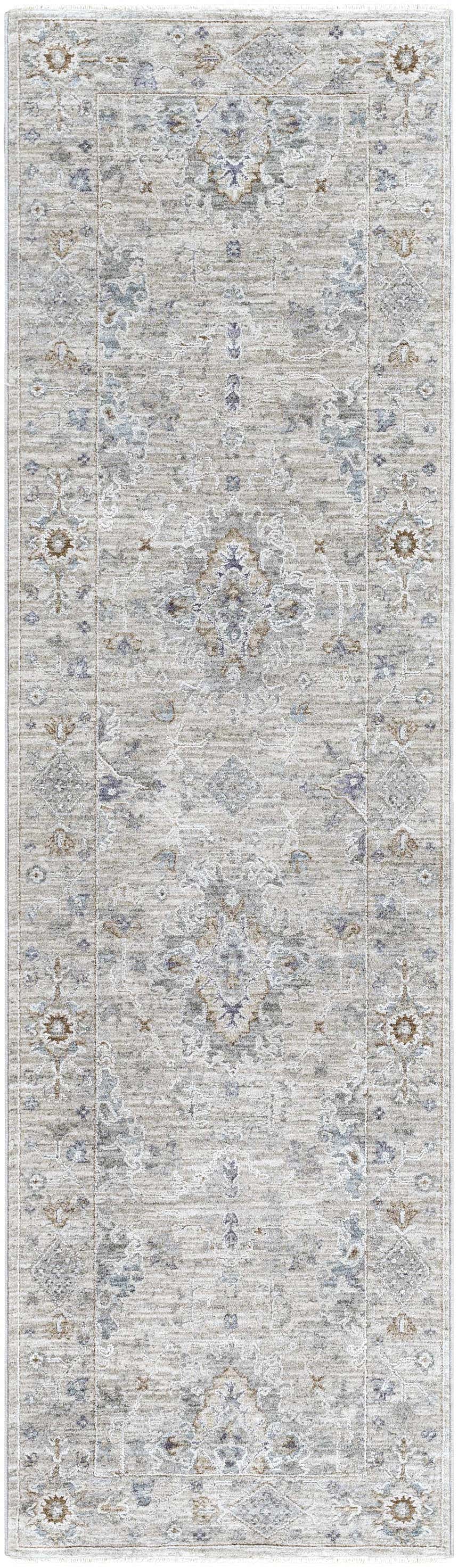 Rochedale Area Rug, a runner with a traditional floral pattern in cream, lavender, olive, pale blue, and sage. Design-Runner-2277