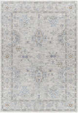 Close-up of Rochedale Area Rug. Machine-woven rug in cream, lavender, olive, and pale blue with a traditional floral pattern. Design-Rectangle-5377