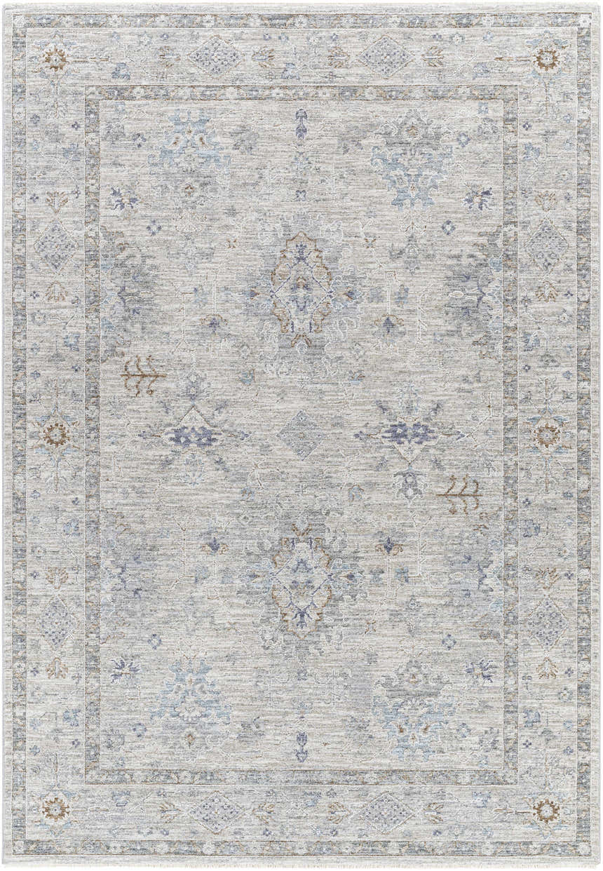 Close-up of Rochedale Area Rug. Machine-woven rug in cream, lavender, olive, and pale blue with a traditional floral pattern. Design-Rectangle-5377
