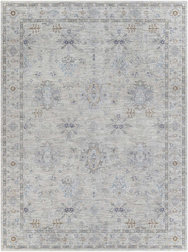 Detailed Rochedale Area Rug in cream, lavender, olive, and pale blue. Traditional floral and geometric pattern. Design-Rectangle-71010